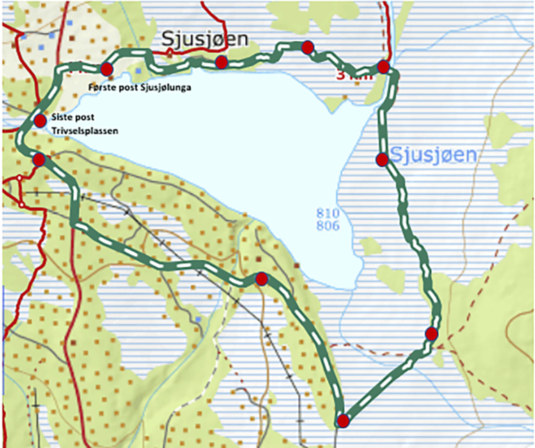 Kart over sykkelruta rundt Sjusjøvannet.